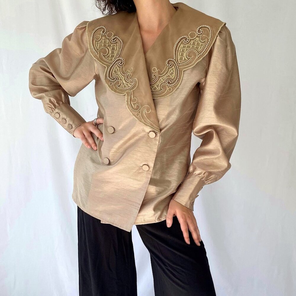 80s vintage gold taffeta embellished dressy oversized collar long sleeved blouse